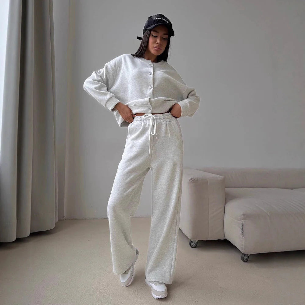 Elena | Elegant Loungewear Set with Button Placket & Elastic Pants