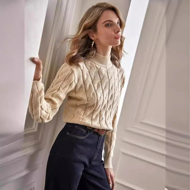 Beatrix – Women's Apricot High-Neck Cable Knit Jumper