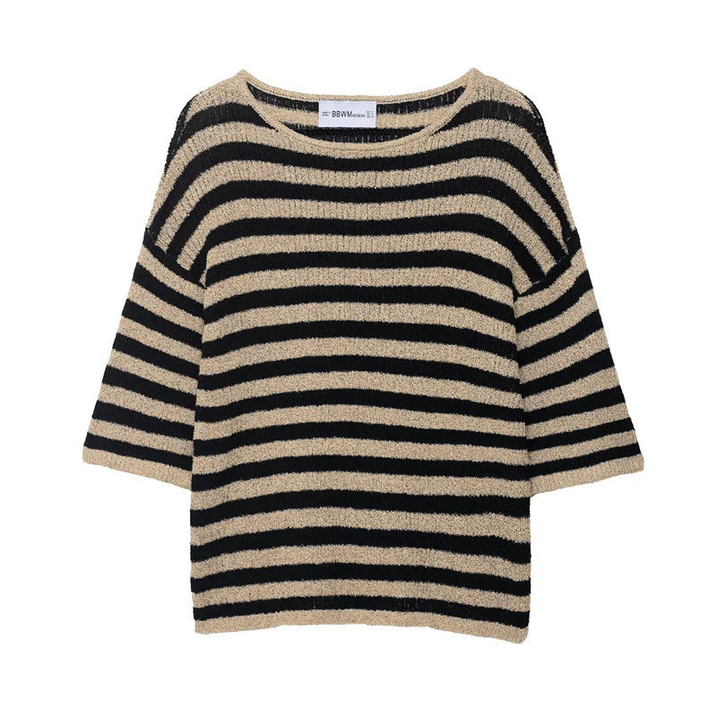Fern | Relaxed Striped Knit Sweater with 3/4 Sleeves