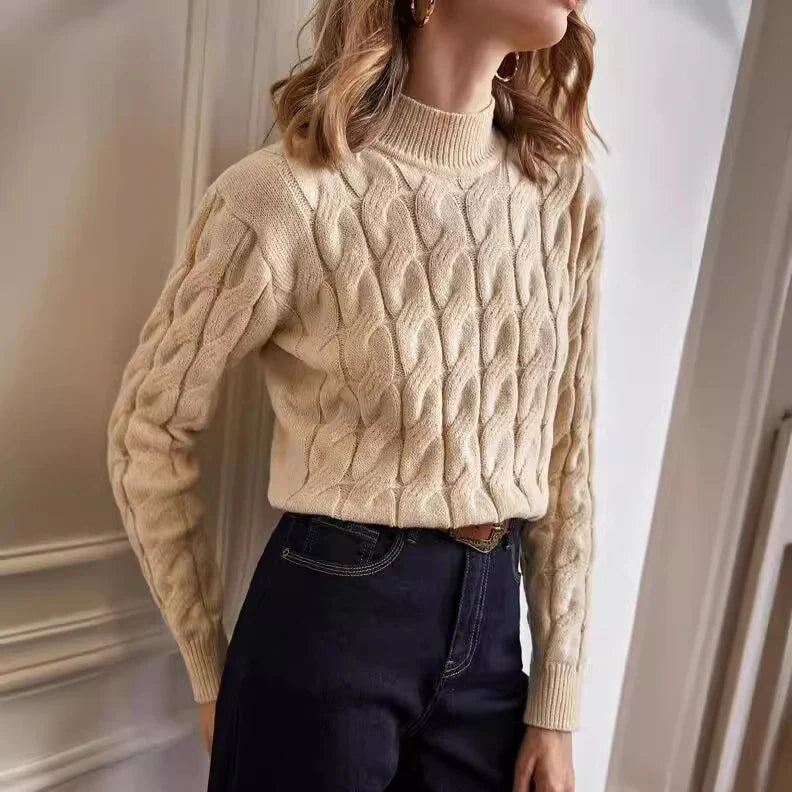 Beatrix – Women's Apricot High-Neck Cable Knit Jumper