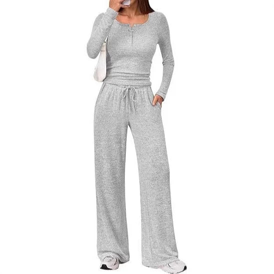 Willow | Chic Loungewear Set with Button Top & Wide Pants