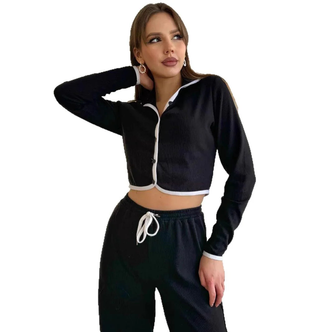 Maya | Chic Cropped Set with Button Placket & Contrast Trim