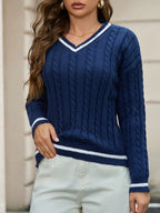 Adelina – Women's Navy V-Neck Cable Knit Jumper