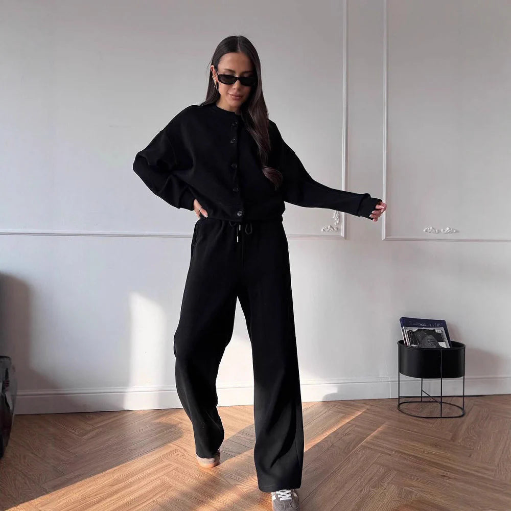 Elena | Elegant Loungewear Set with Button Placket & Elastic Pants