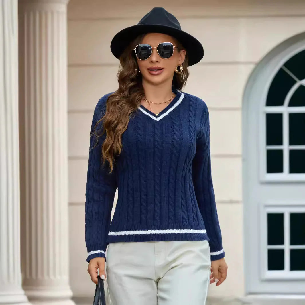 Adelina – Women's Navy V-Neck Cable Knit Jumper