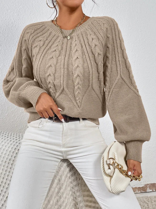 Wilhelmina – Women's Khaki Wide-Sleeve Cable Knit Jumper