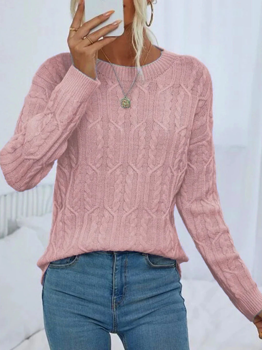 Odile – Women's Sky Blue Round Neck Cable Knit Jumper