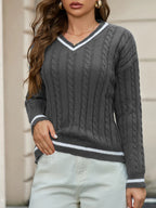 Adelina – Women's Navy V-Neck Cable Knit Jumper