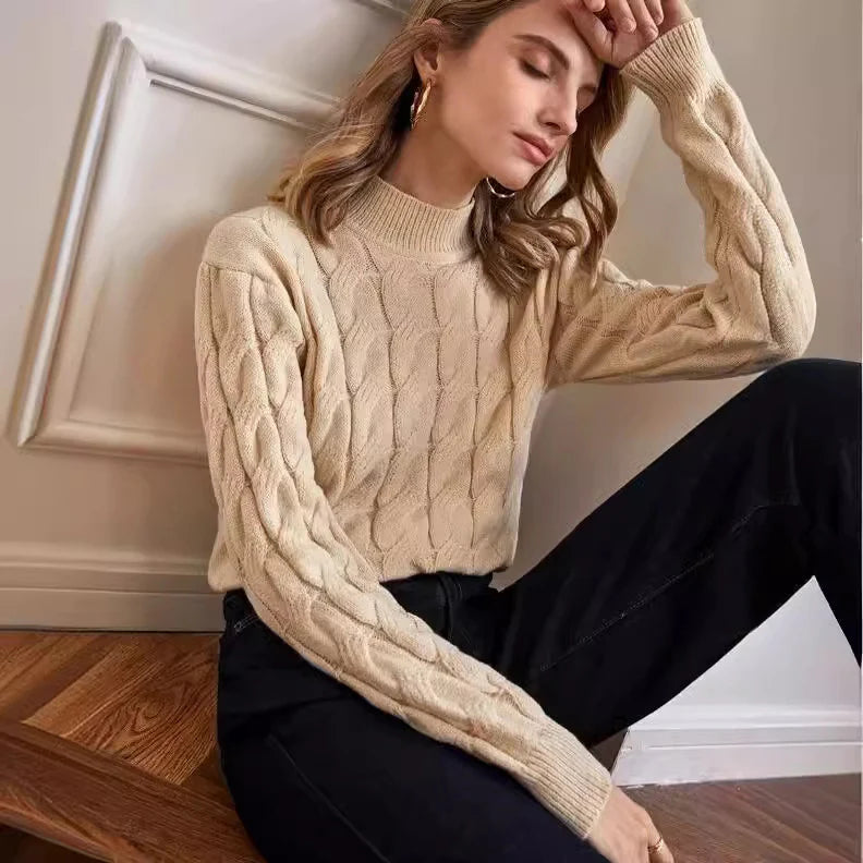 Beatrix – Women's Apricot High-Neck Cable Knit Jumper