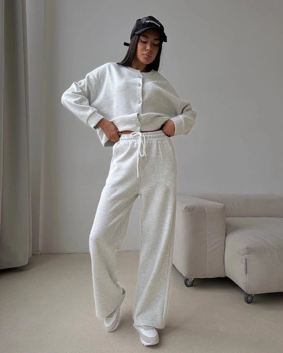 Elena | Elegant Loungewear Set with Button Placket & Elastic Pants