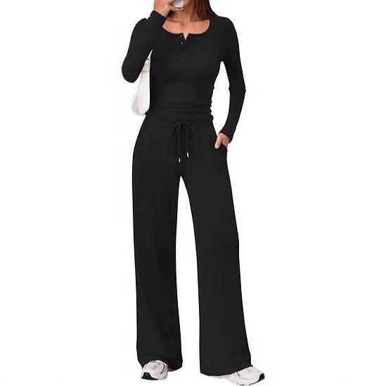 Willow | Chic Loungewear Set with Button Top & Wide Pants