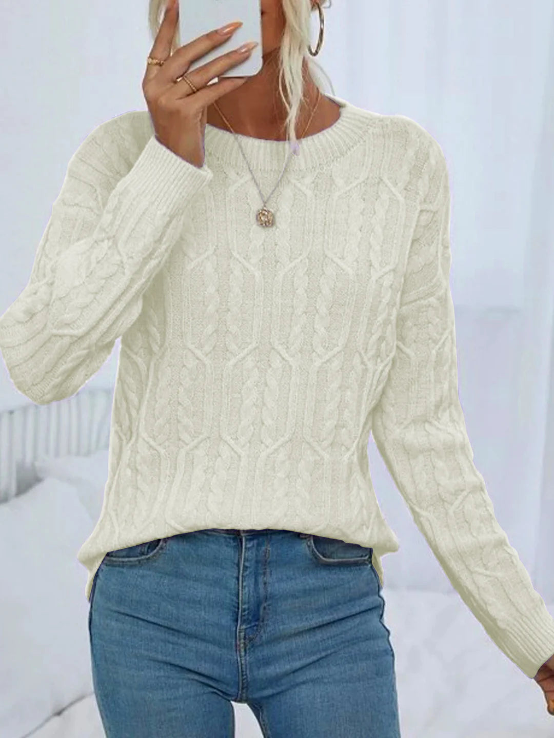 Odile – Women's Sky Blue Round Neck Cable Knit Jumper