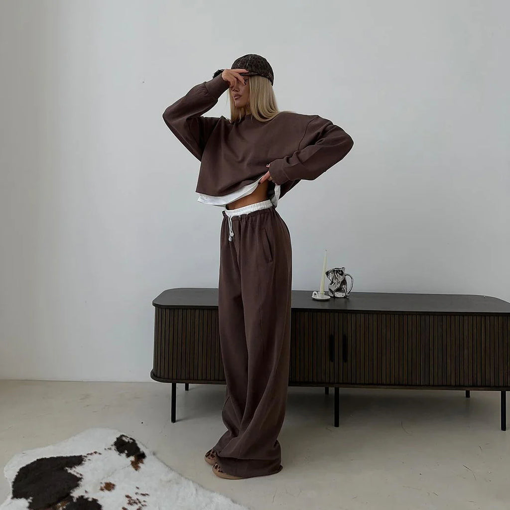 Sienna | Comfy Cropped Sweatshirt Set with Wide Pants