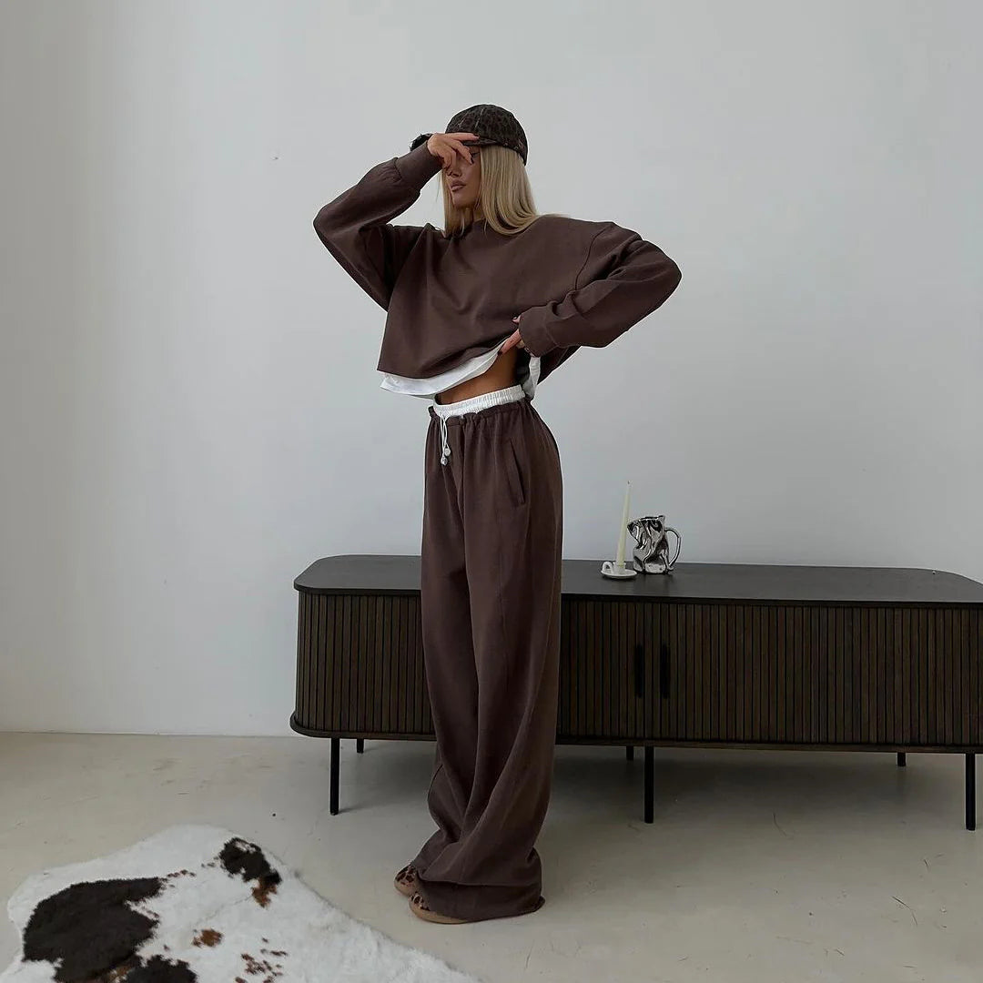 Sienna | Comfy Cropped Sweatshirt Set with Wide Pants