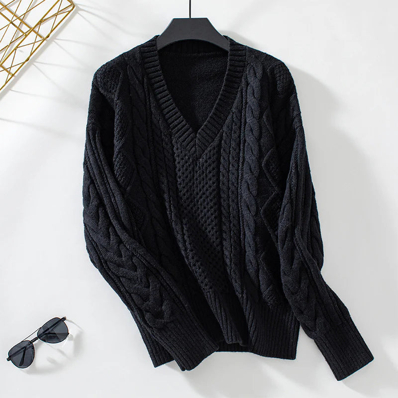 Marnie – Women's Black V-Neck Cable Knit Jumper