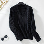 Marnie – Women's Black V-Neck Cable Knit Jumper