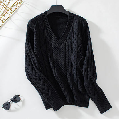 Marnie – Women's Black V-Neck Cable Knit Jumper