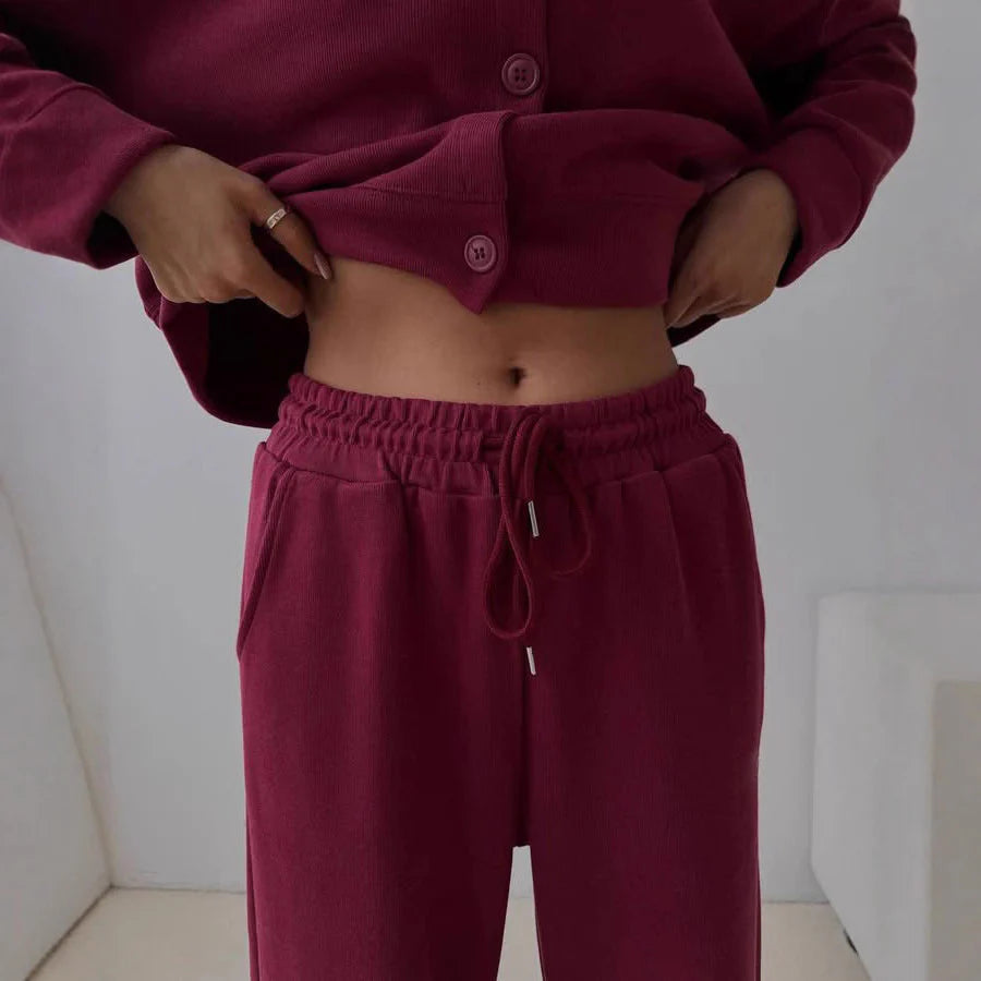 Elena | Elegant Loungewear Set with Button Placket & Elastic Pants