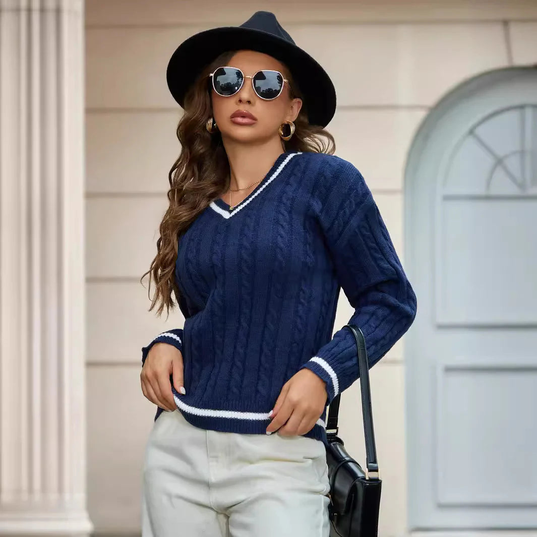 Adelina – Women's Navy V-Neck Cable Knit Jumper