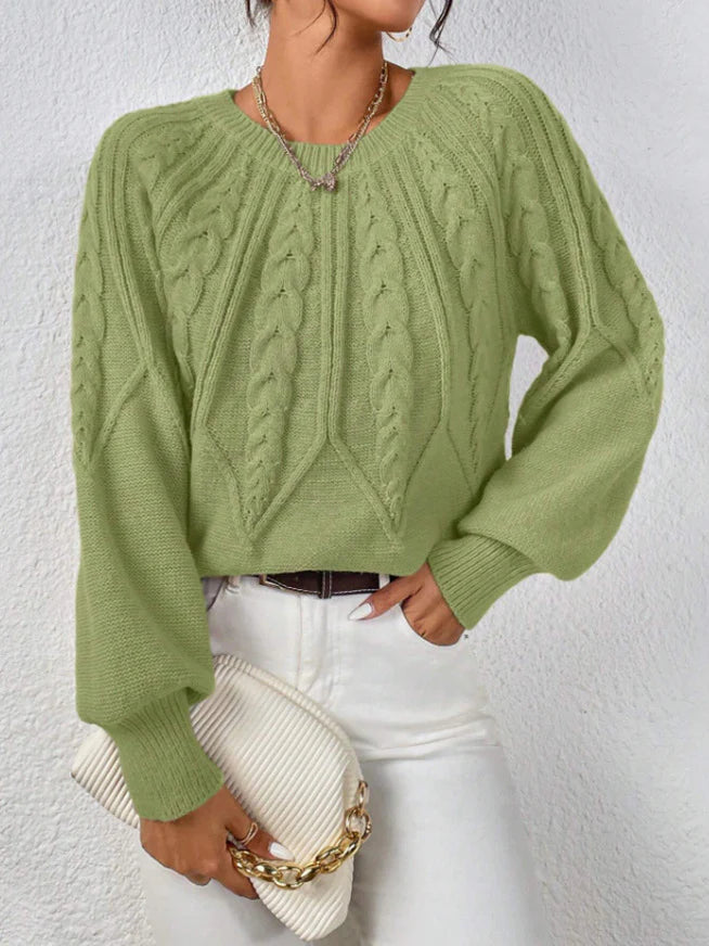 Wilhelmina – Women's Khaki Wide-Sleeve Cable Knit Jumper