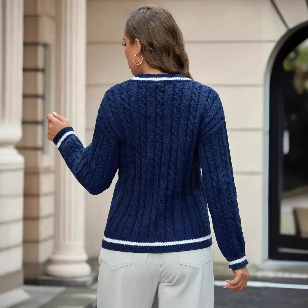 Adelina – Women's Navy V-Neck Cable Knit Jumper