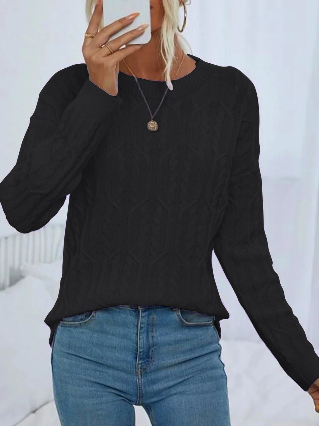 Odile – Women's Sky Blue Round Neck Cable Knit Jumper