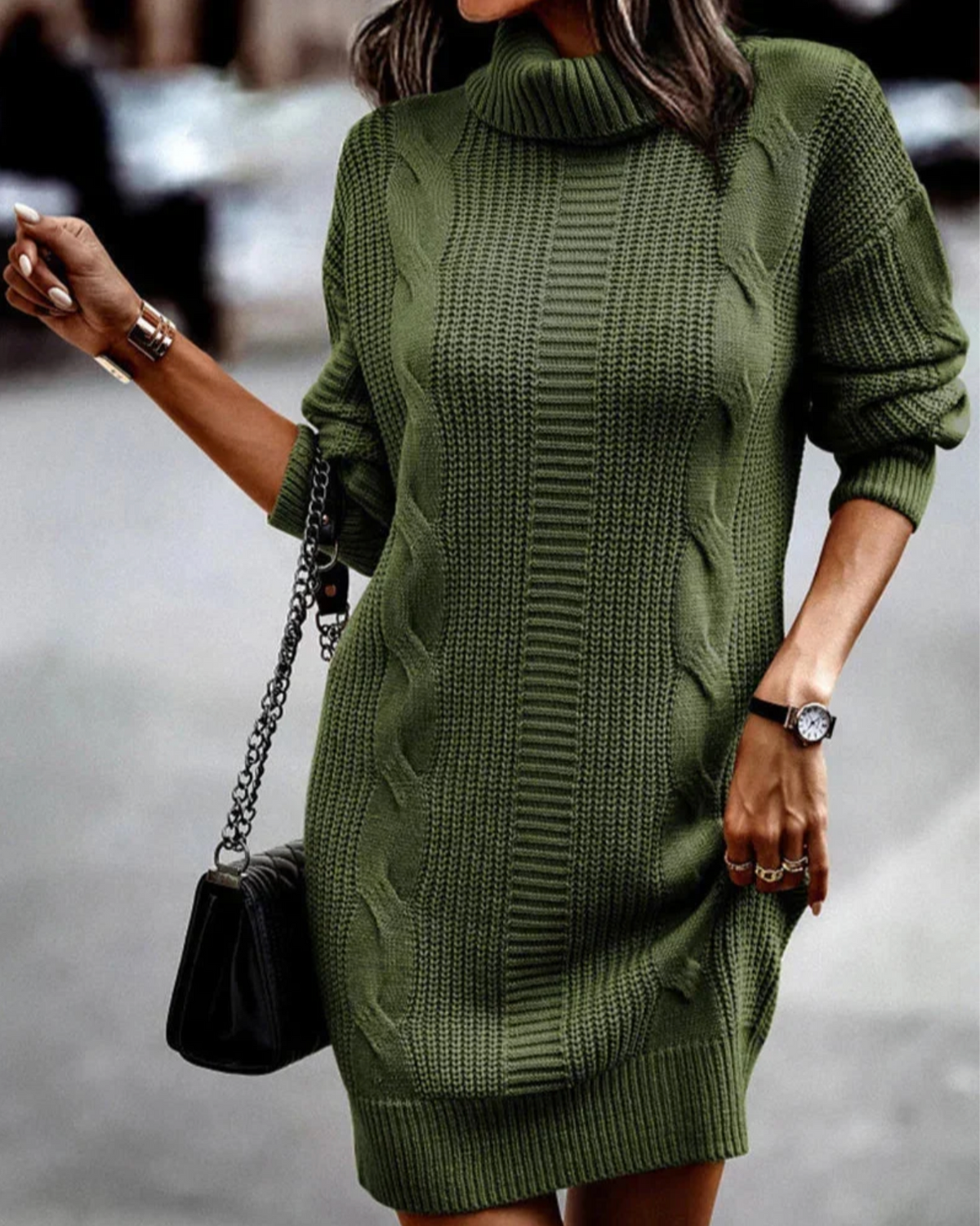 Margaux – Women's Blue Cable Knit Turtleneck Jumper Dress