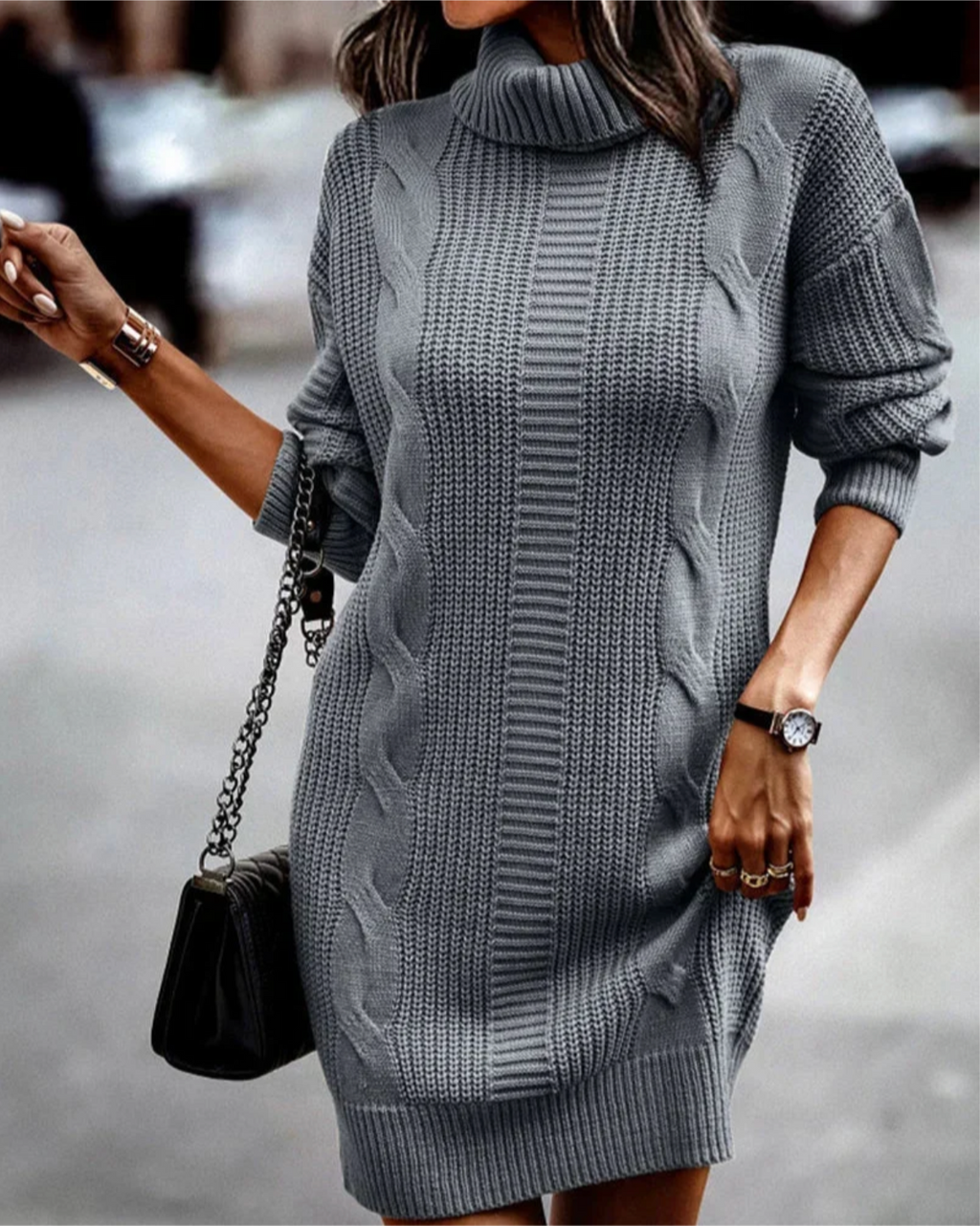 Margaux – Women's Blue Cable Knit Turtleneck Jumper Dress