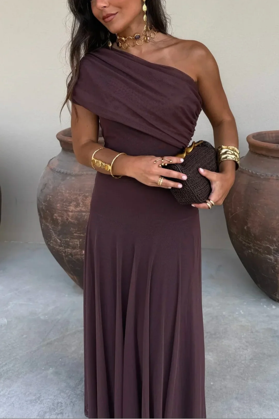 Camille – Women's Brown One-Shoulder Pleated Maxi Dress