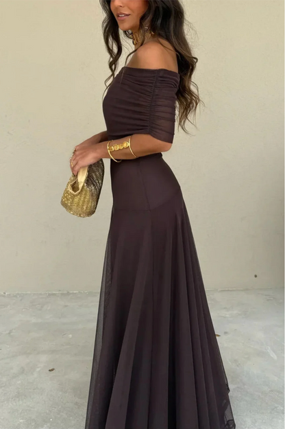 Camille – Women's Brown One-Shoulder Pleated Maxi Dress