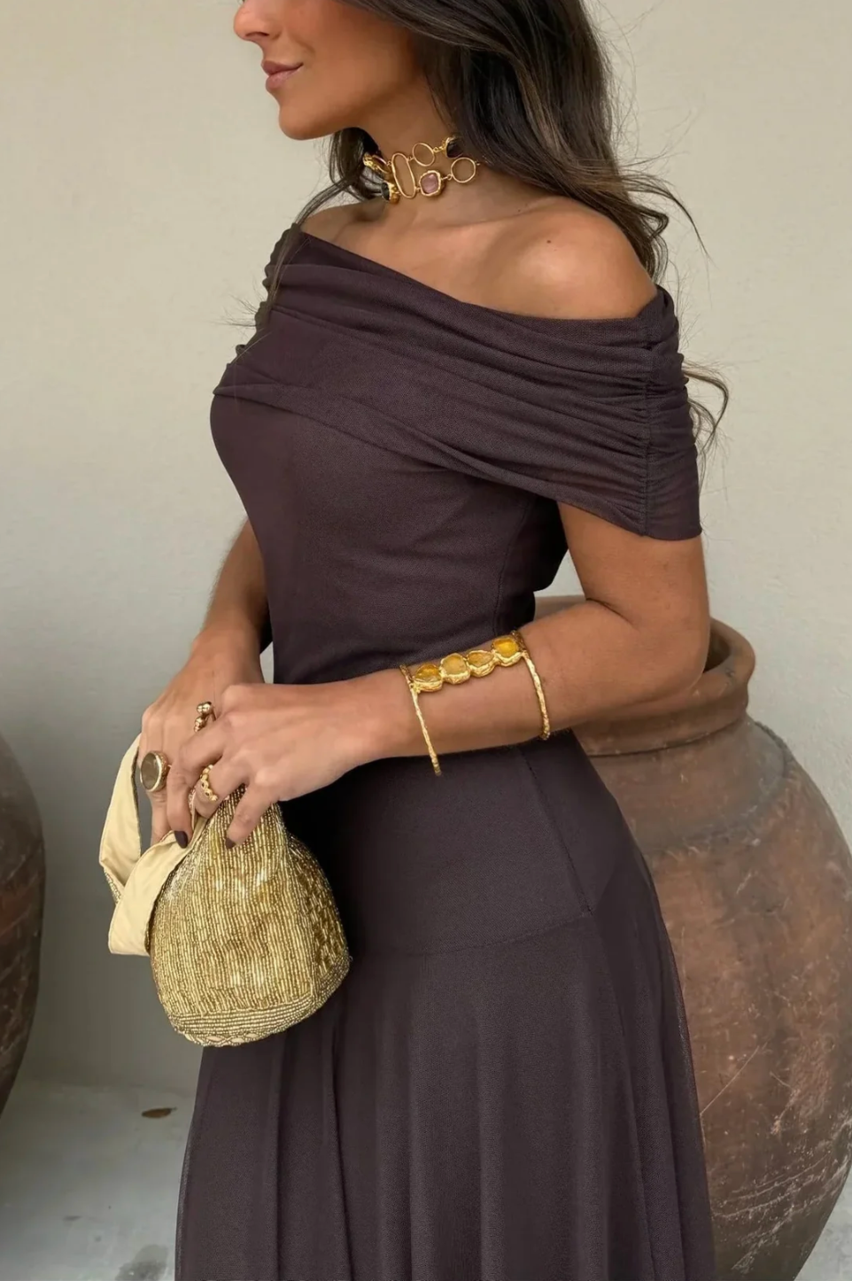 Camille – Women's Brown One-Shoulder Pleated Maxi Dress