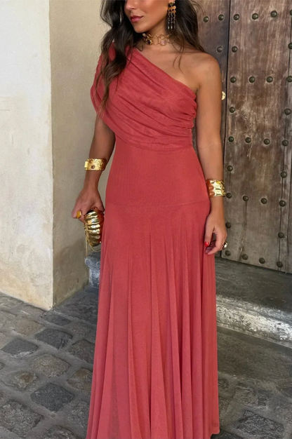 Camille – Women's Brown One-Shoulder Pleated Maxi Dress