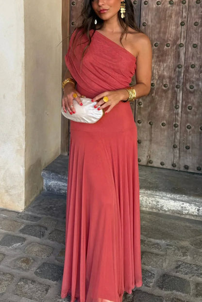Camille – Women's Brown One-Shoulder Pleated Maxi Dress