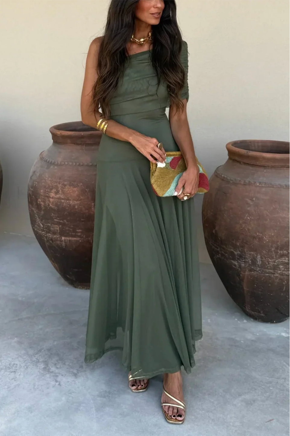 Camille – Women's Brown One-Shoulder Pleated Maxi Dress