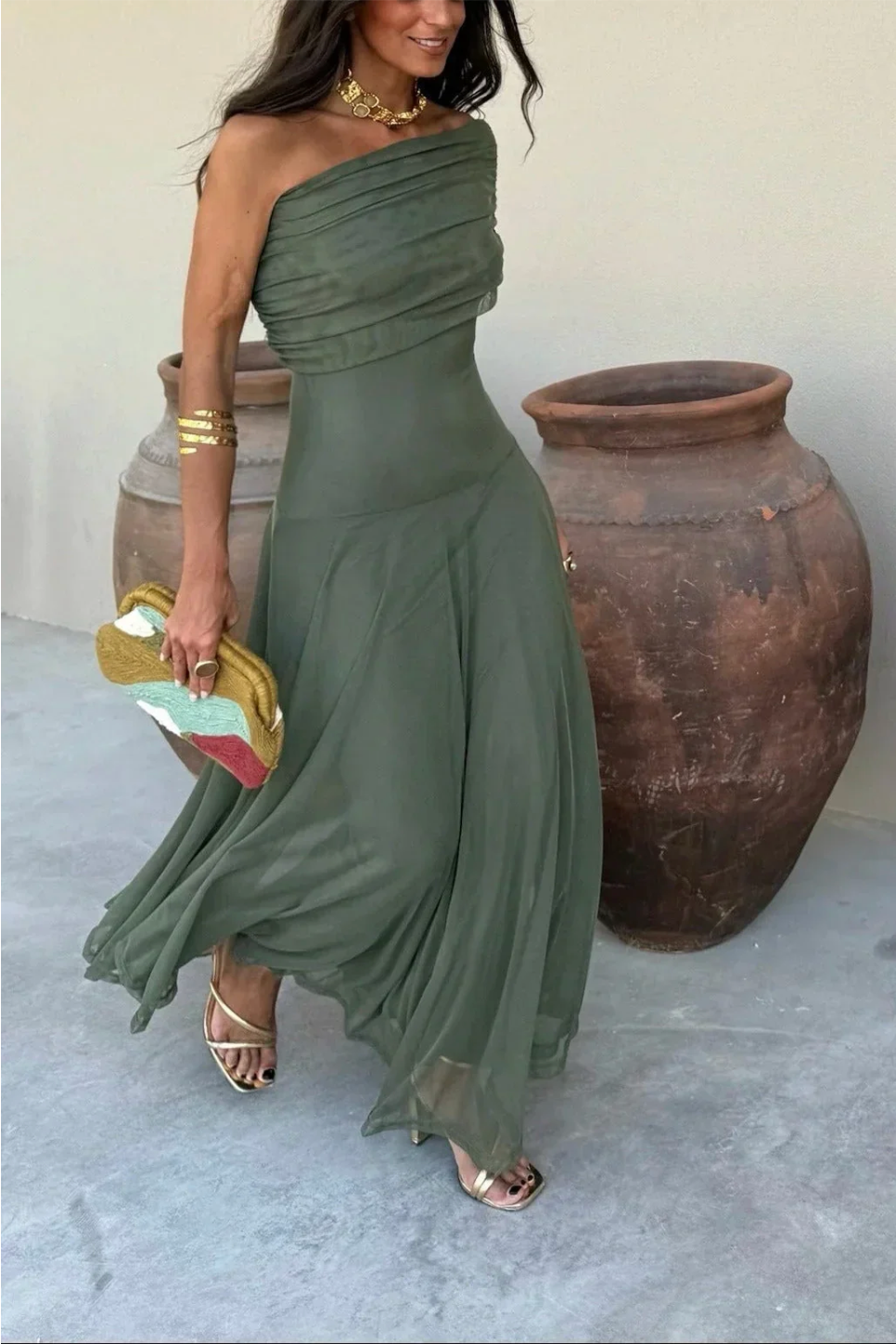 Camille – Women's Brown One-Shoulder Pleated Maxi Dress