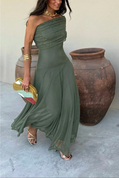 Camille – Women's Brown One-Shoulder Pleated Maxi Dress