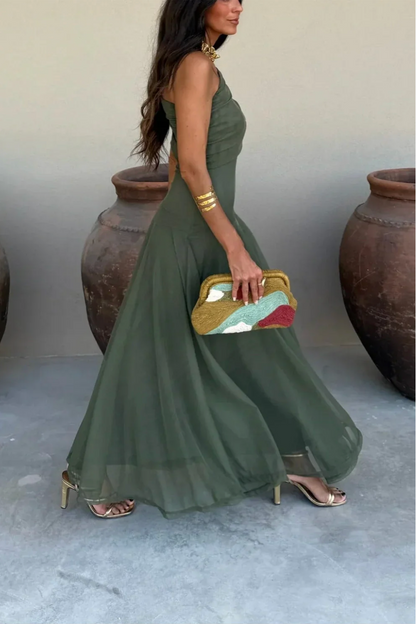 Camille – Women's Brown One-Shoulder Pleated Maxi Dress
