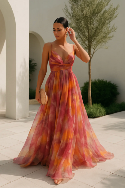 Élise – Women's Orange V-Neck Multicolour Maxi Dress