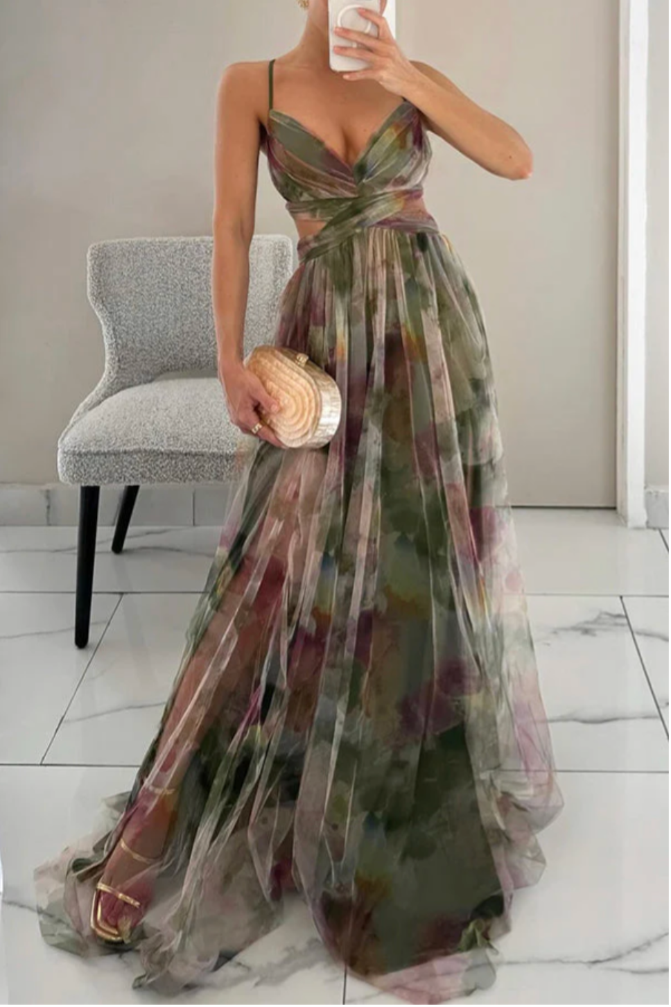 Élise – Women's Orange V-Neck Multicolour Maxi Dress