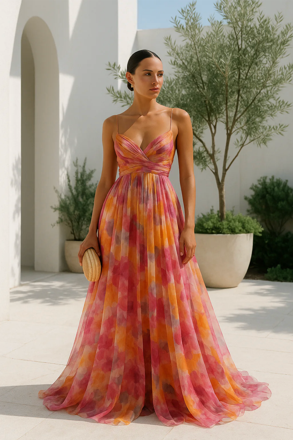 Élise – Women's Orange V-Neck Multicolour Maxi Dress