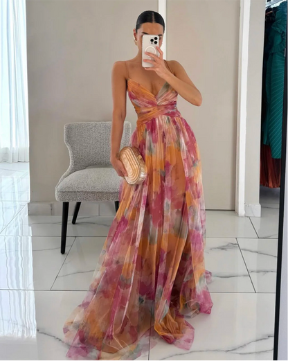 Élise – Women's Orange V-Neck Multicolour Maxi Dress