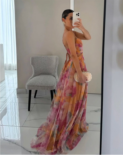 Élise – Women's Orange V-Neck Multicolour Maxi Dress
