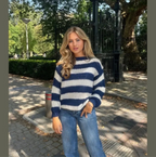 Odile – Women's Navy Striped Round Neck Jumper