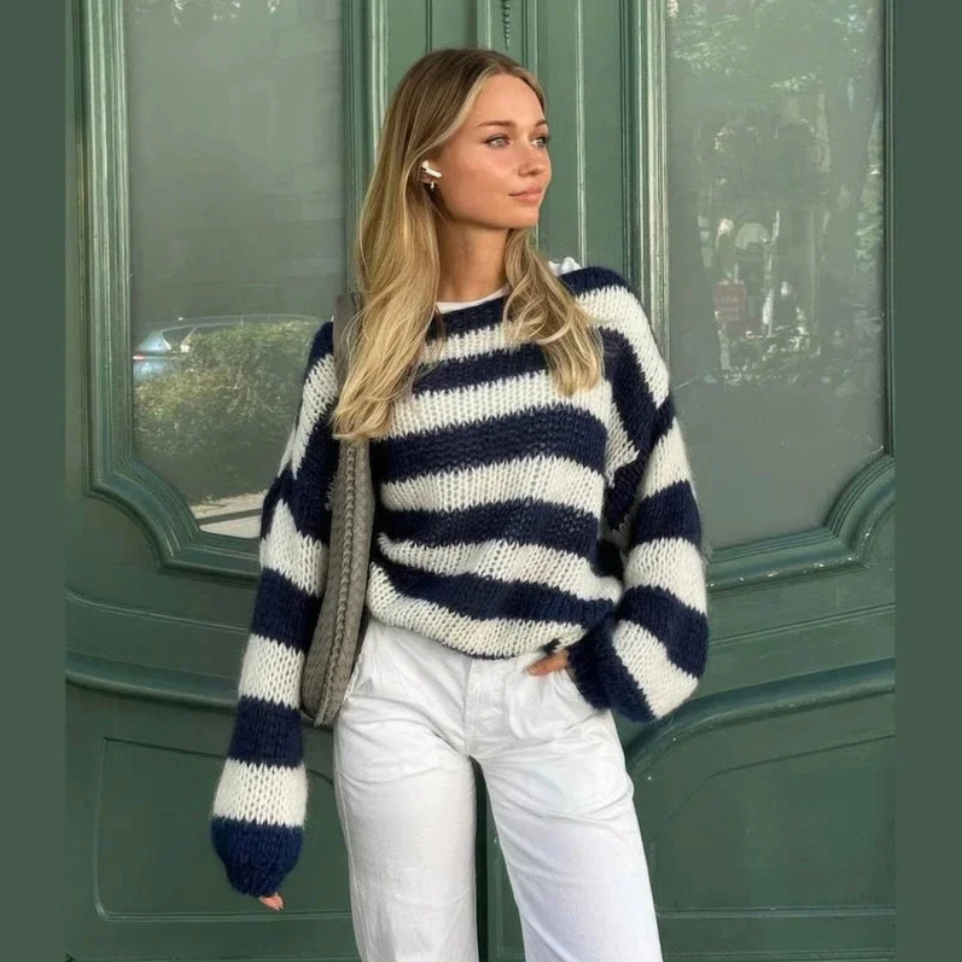 Odile – Women's Navy Striped Round Neck Jumper