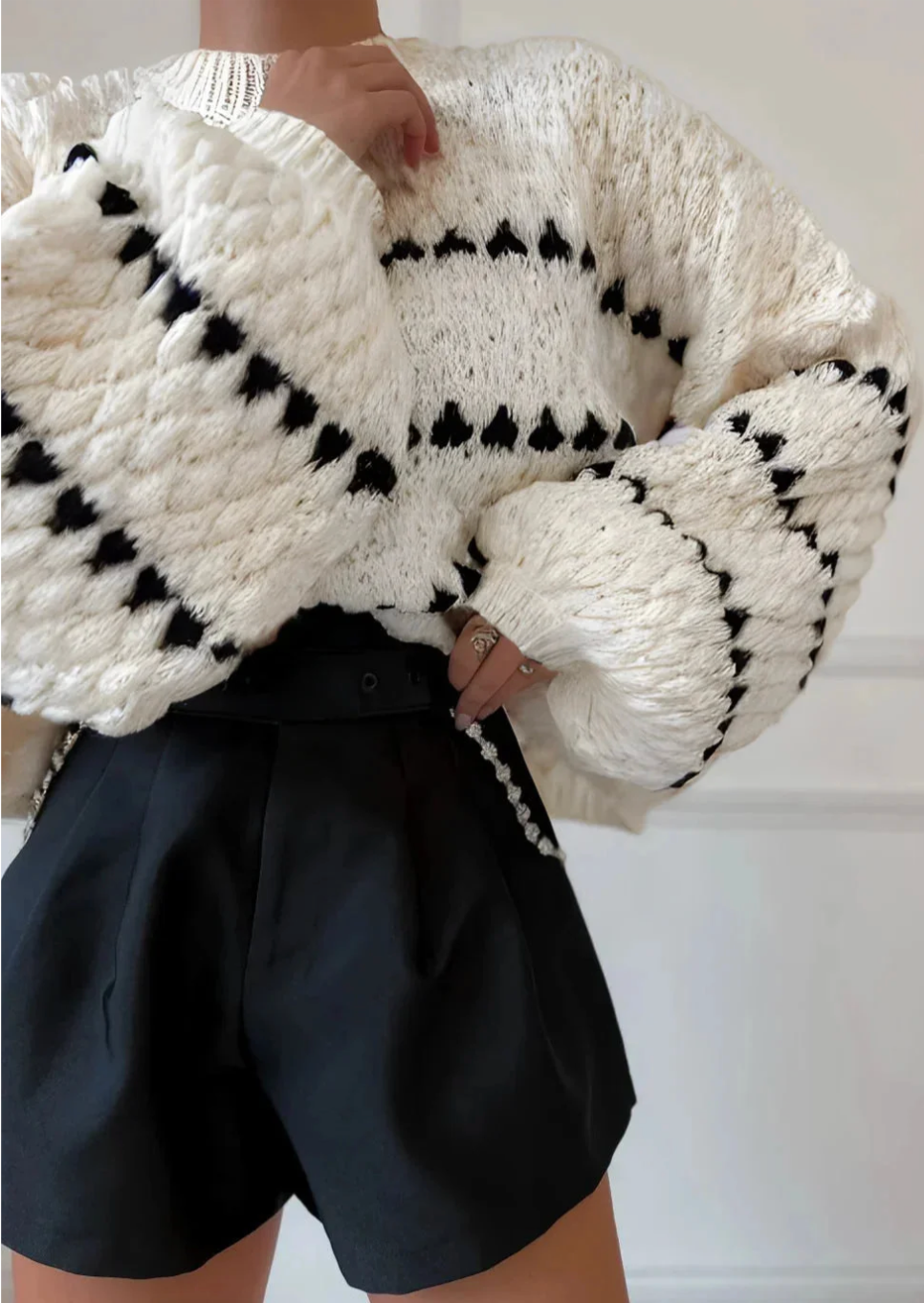 Amandine – Women's Black Geometric Textured Jumper