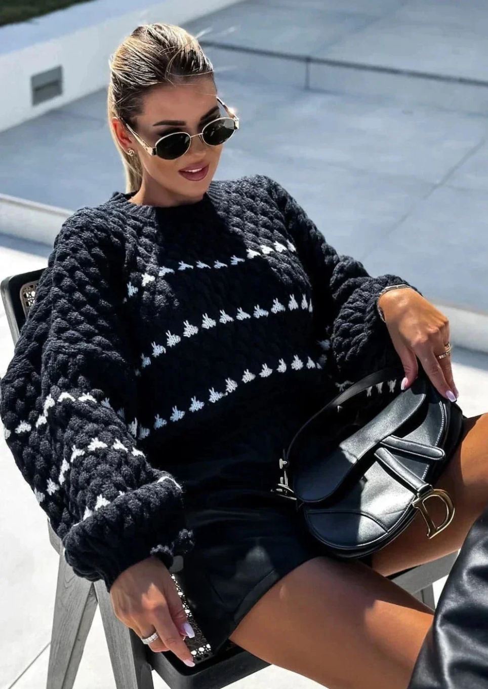 Amandine – Women's Black Geometric Textured Jumper