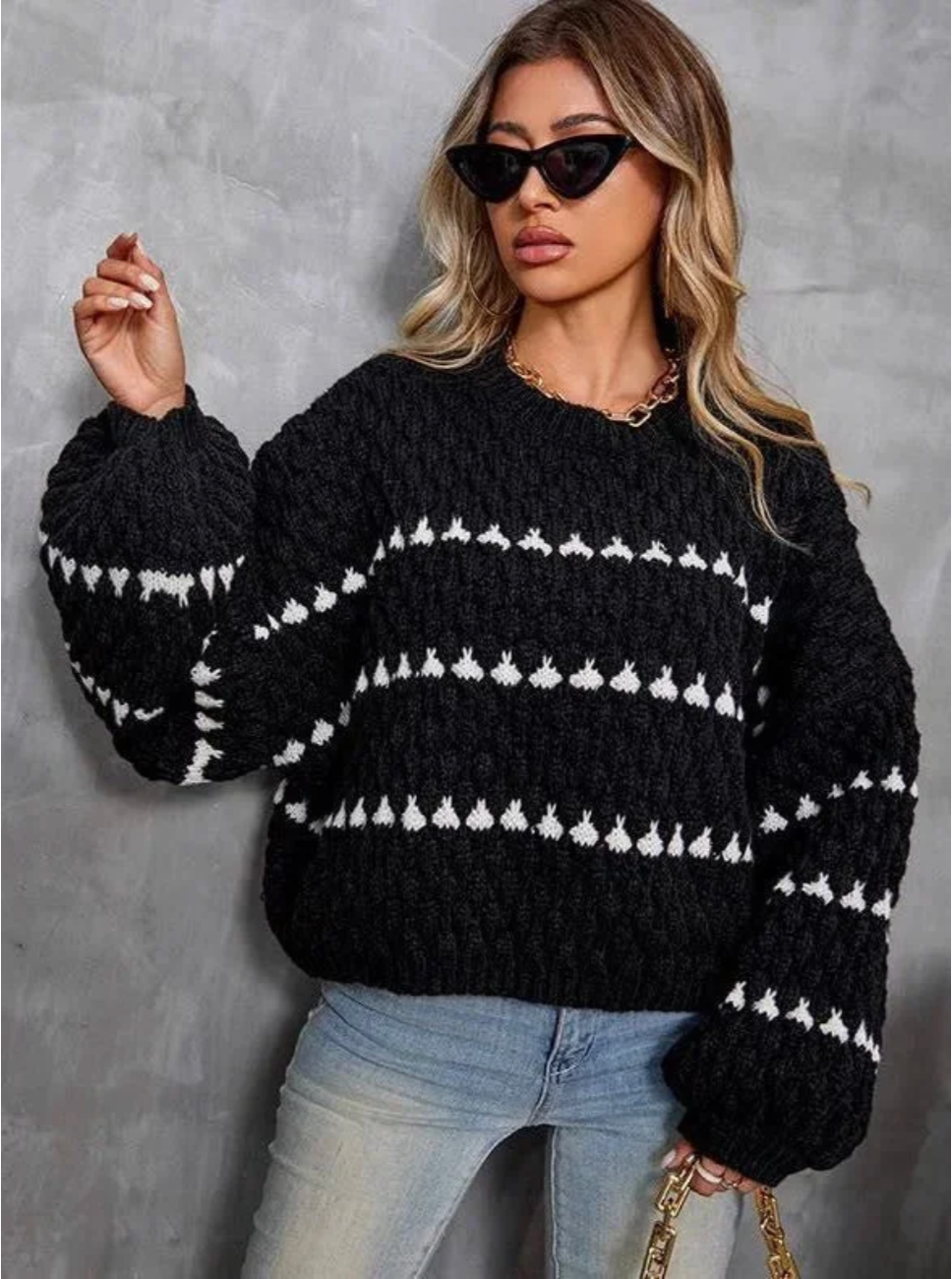 Amandine – Women's Black Geometric Textured Jumper
