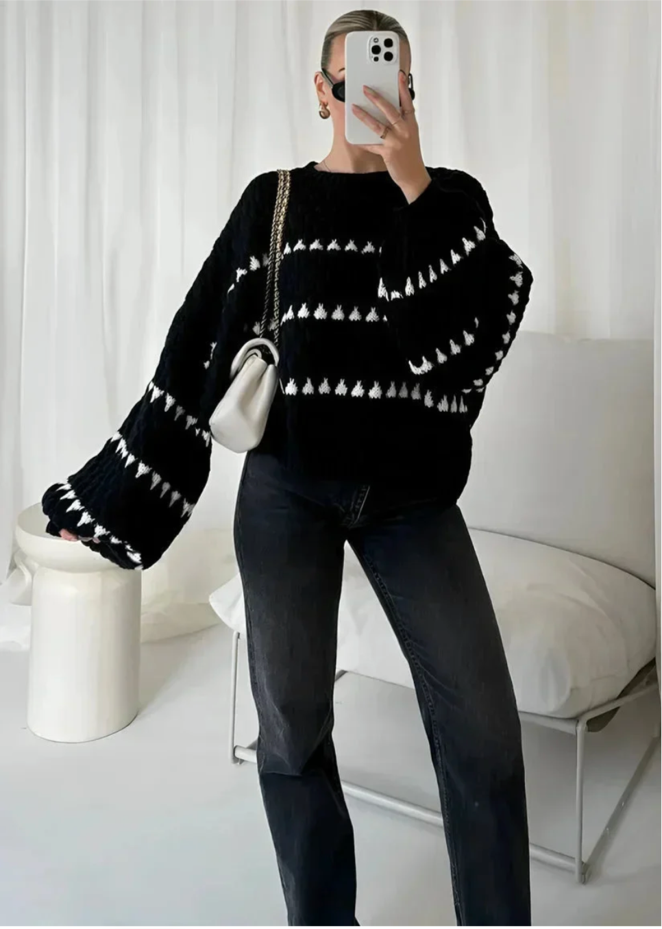 Amandine – Women's Black Geometric Textured Jumper
