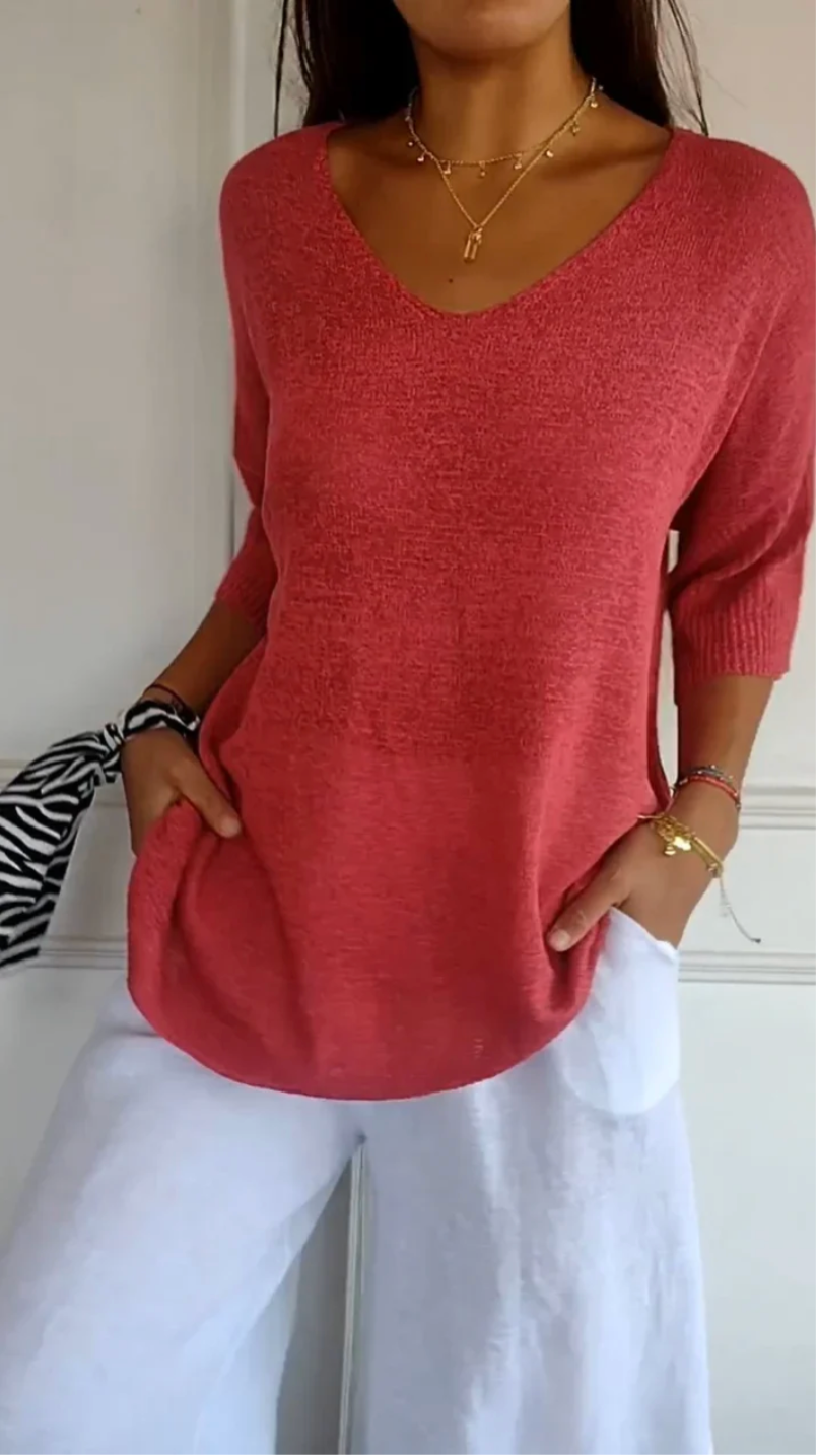 Chic Red V-Neck Blouse with 3/4 Sleeves