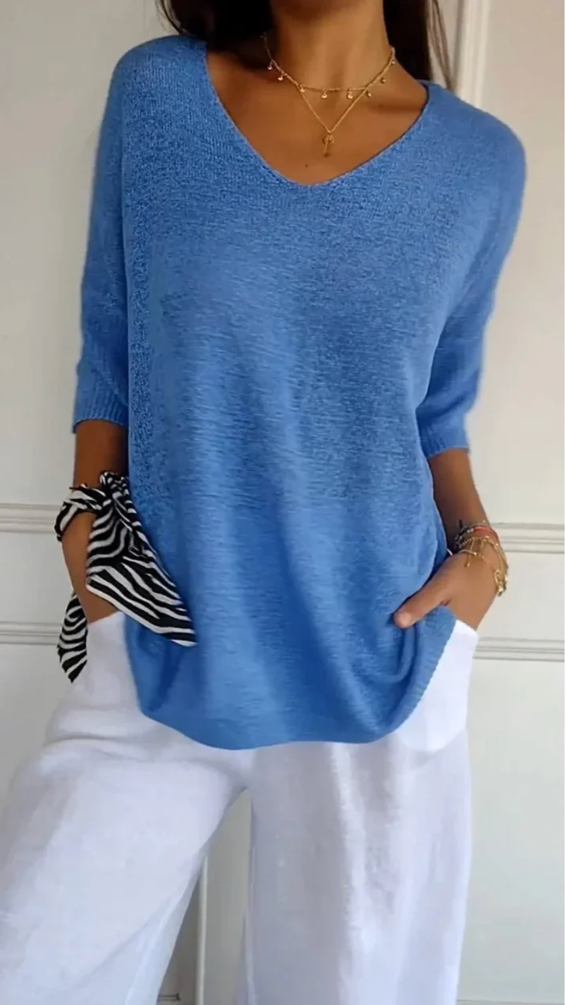 Chic Red V-Neck Blouse with 3/4 Sleeves